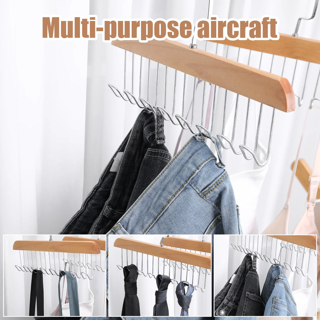3 Pack Belt and Bra Hangers with Hooks,Space Saving Bra Hangers for Closet and Laundry,360 Degree Rotating Wooden Tie Hanger with 8 Hooks for Tank Top,Jeans,Scarf(Nature)