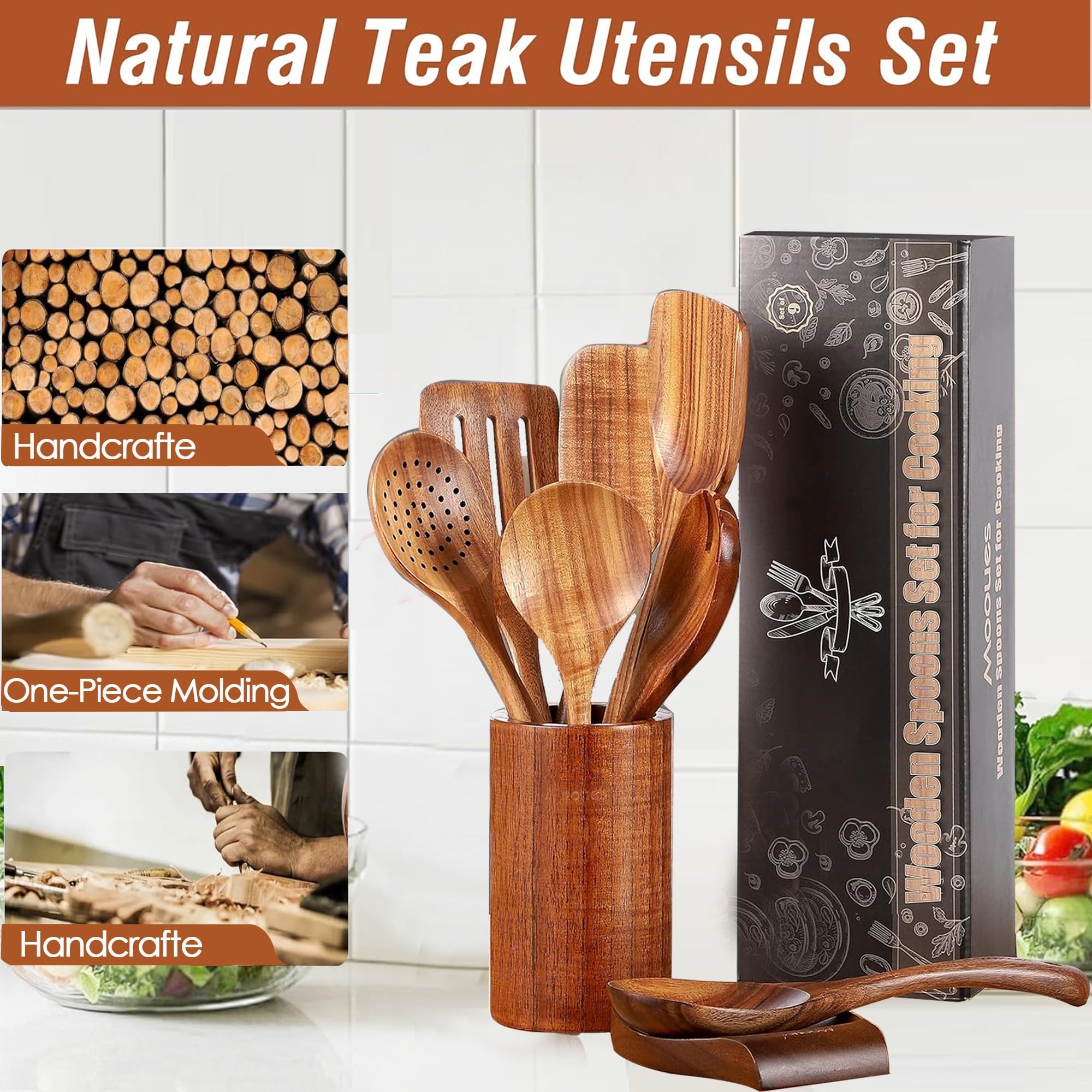 Wooden Spoons for Cooking, 9 Pcs Natural Teak Kitchen Utensil Set with Utensils Holder & Spoon Rest, Wooden Cooking Utensils for Nonstick Pans & Cookware